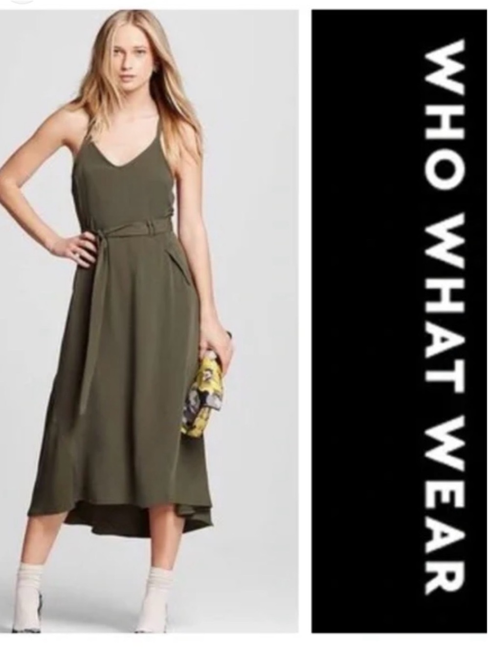 Who What Wear Olive V-Neck High-Low Belted Midi Dress